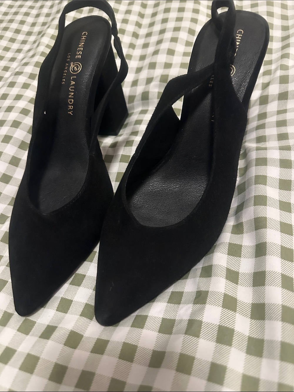 Chinese Laundry Black Suede Pointed Slingback Block Heels